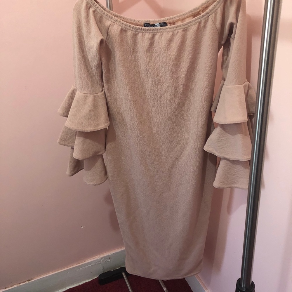 Nude off the shoulder dress with ruffle sleeves